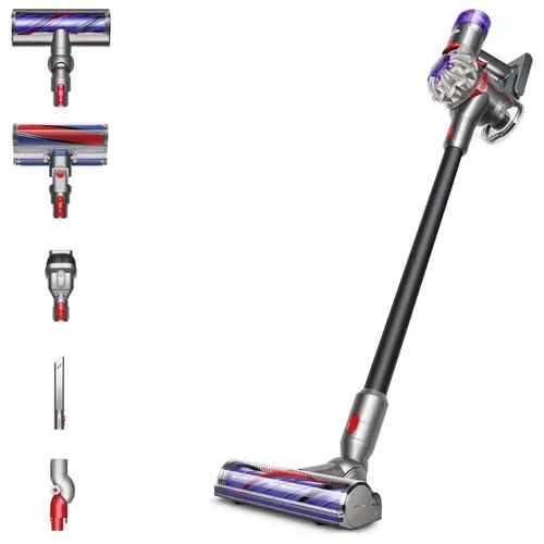 مكنسة كهربائية لاسلكية دايسون في 8 توتال كلين (dyson v8 total clean) بقوة شفط فائقة، تعمل حتى 40 دقيقة بدون انقطاع مع نظام ترشيح كامل للمكنسة ومجموعة ملحقات كاملة، لون نيكل/أسود مع ضمان لمدة عامين.