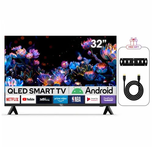 شاشة أيتل ذكية 32 بوصة QLED HD أندرويد 2025 + حامل حائط + كابل ريفيرسونج HDMI عالي السرعة 4K (3 متر)