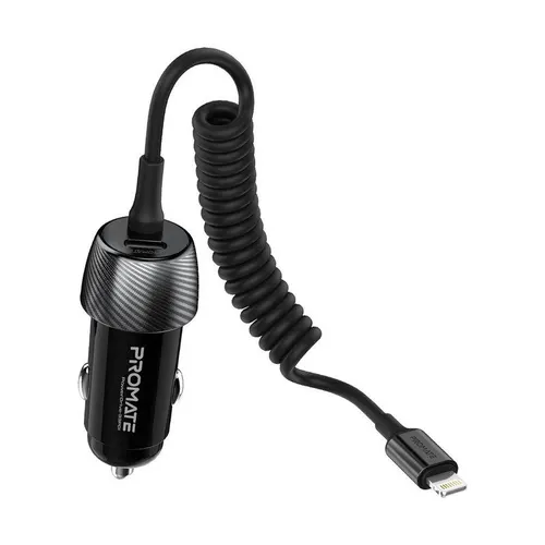 شاحن سيارة بروميت مع كابل ، شاحن تيار مستمر عالمي بقوة 33 واط مع شحن مدمج من البرق ، منفذ USB-C ومقاومة للحرارة لأجهزة iPhone 13 و iPad Air و AirPods Pro و PowerDrive-33PDI