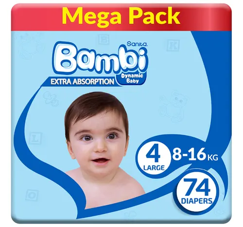 Sanita Bambi Extra Absorption Baby Diapers Size 4 Large 8-16kg 74 pcs