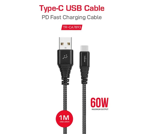 تراندز كابل تايب سي USB بقدرة 60 واط CA7893، أسود