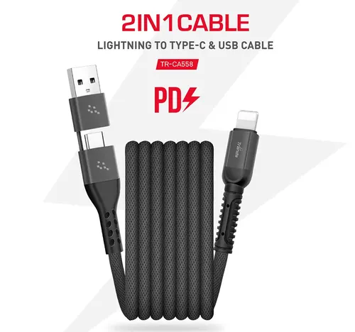 Trands 2 in 1 18W Lightning to Type-C and USB CableCA558, Black