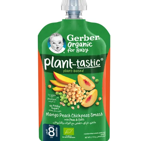 Gerber Organic for Baby Mango, Peach, Chickpeas Smash with Peas & Oats from 8 Months 110 g
