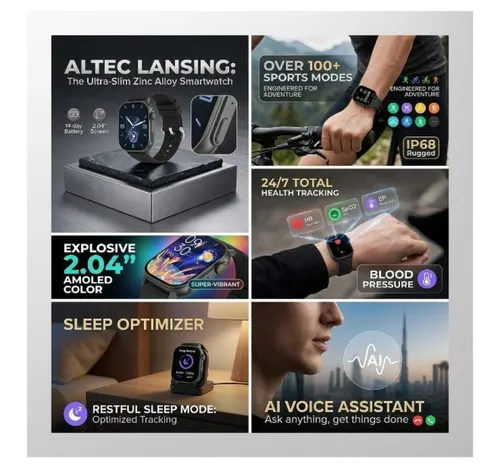 Altec Lansing Quantum Smartwatch, 2.04 inches AMOLED Display, Black, AL-SW-3007