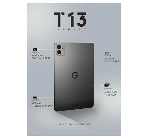 جي تاب T13 جهاز لوحي 4G LTE، ذاكرة وصول عشوائي ‏4 جيجابايت، 64 جيجابايت، تيتانيوم