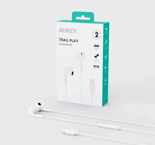 Aukey Trail Play USB- C In-Ear Wired Earphone, White, EP-CC1-WH