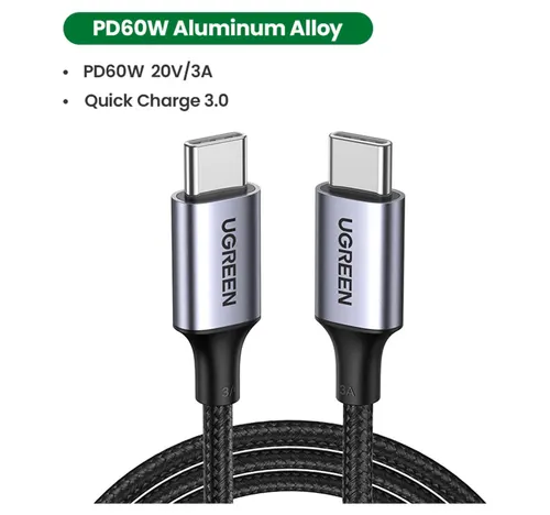 يوجرين كابل دائري USB 2.0 C إلى USB-C بقدرة 60 واط، 1 متر، أسود/رمادي، 50150
